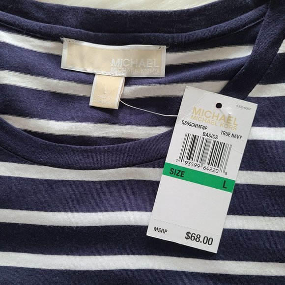 Michael Michael Kors Striped Short Sleeve Tee Top, Navy Blue & White, Gold SIZE - Picture 4 of 7